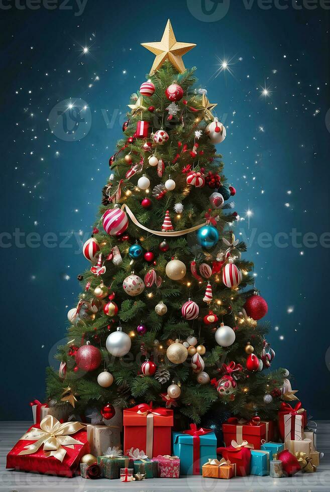 Natale albero con molti i regali e decorazione. foto