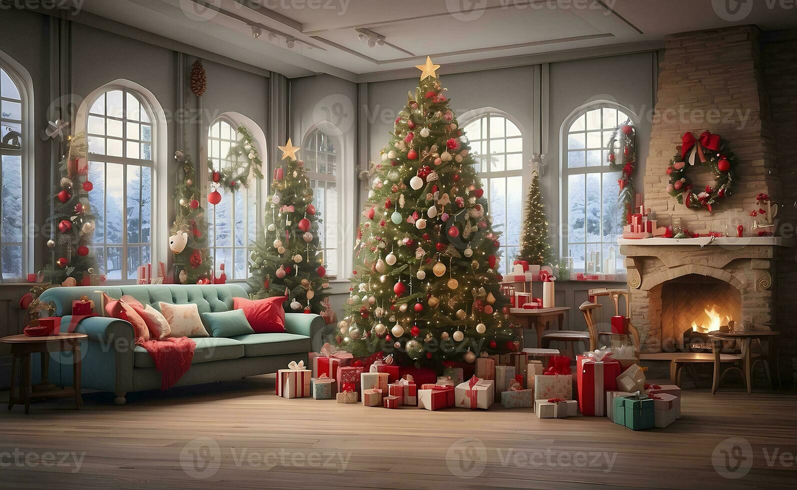 Natale albero con molti i regali e decorazione. foto