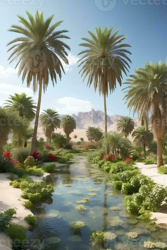 bellissimo oasi con tropicale impianti nel deserto. foto