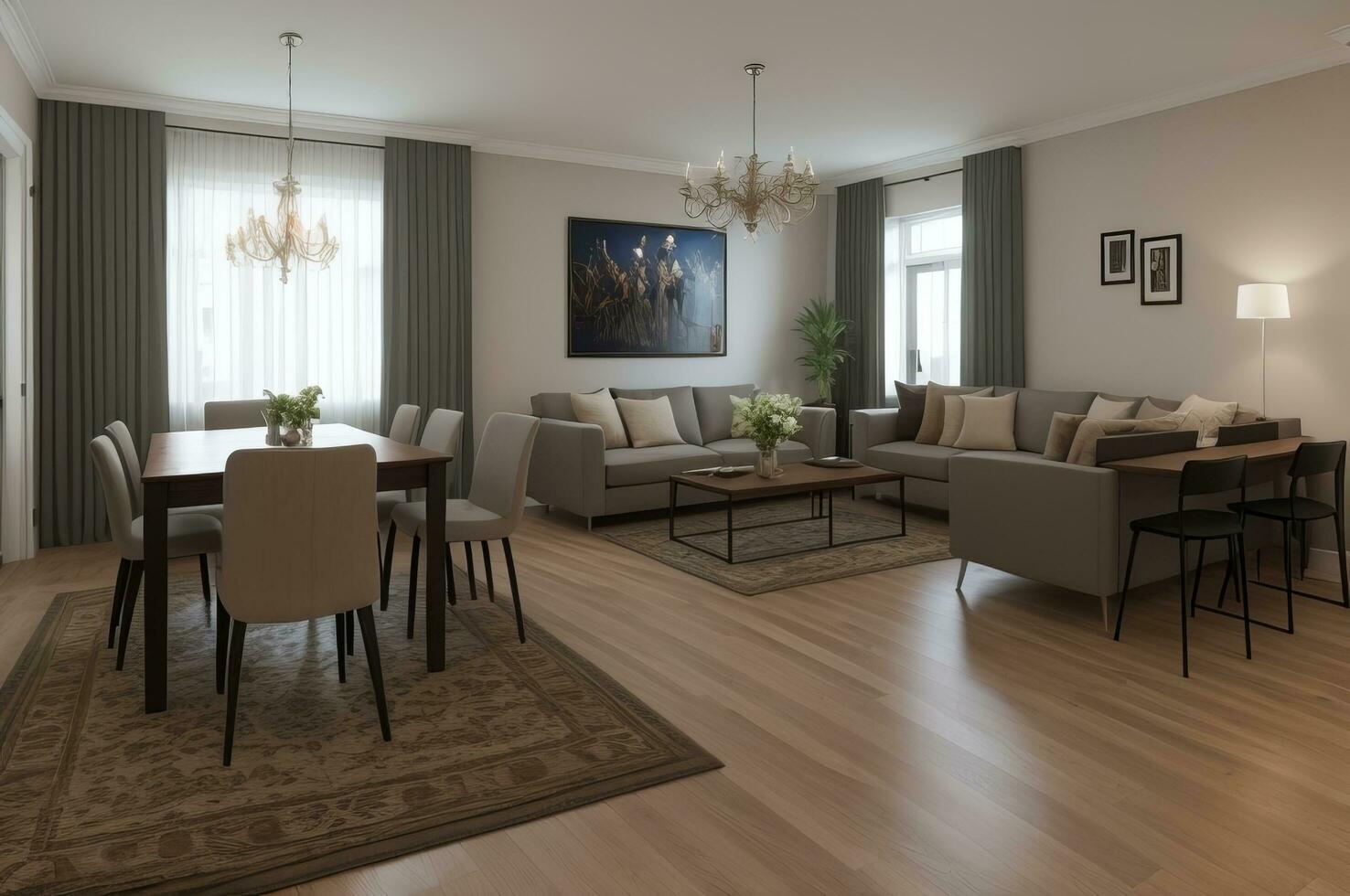interno design di moderno appartamento, vivente camera con nero stucco muri e cenare camera. ai generato foto