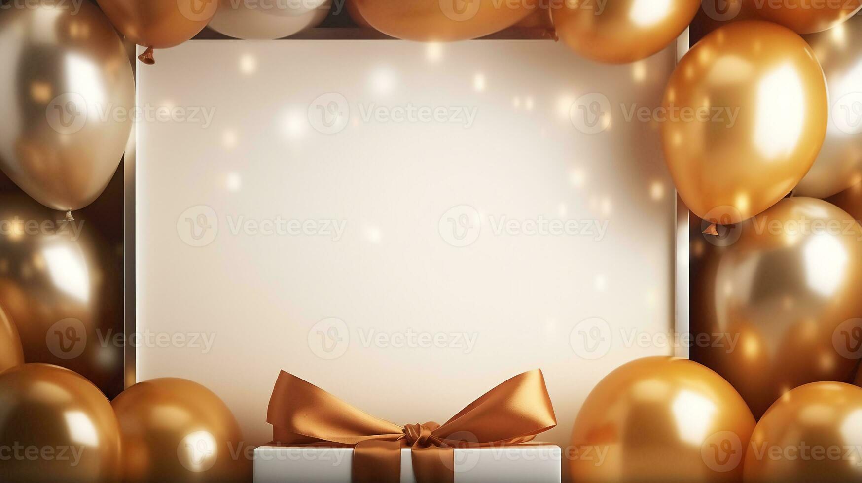 vuoto telaio con dorato, bianco palloncini e d'oro regalo scatola ,insieme a copyspace e posto per testo foto