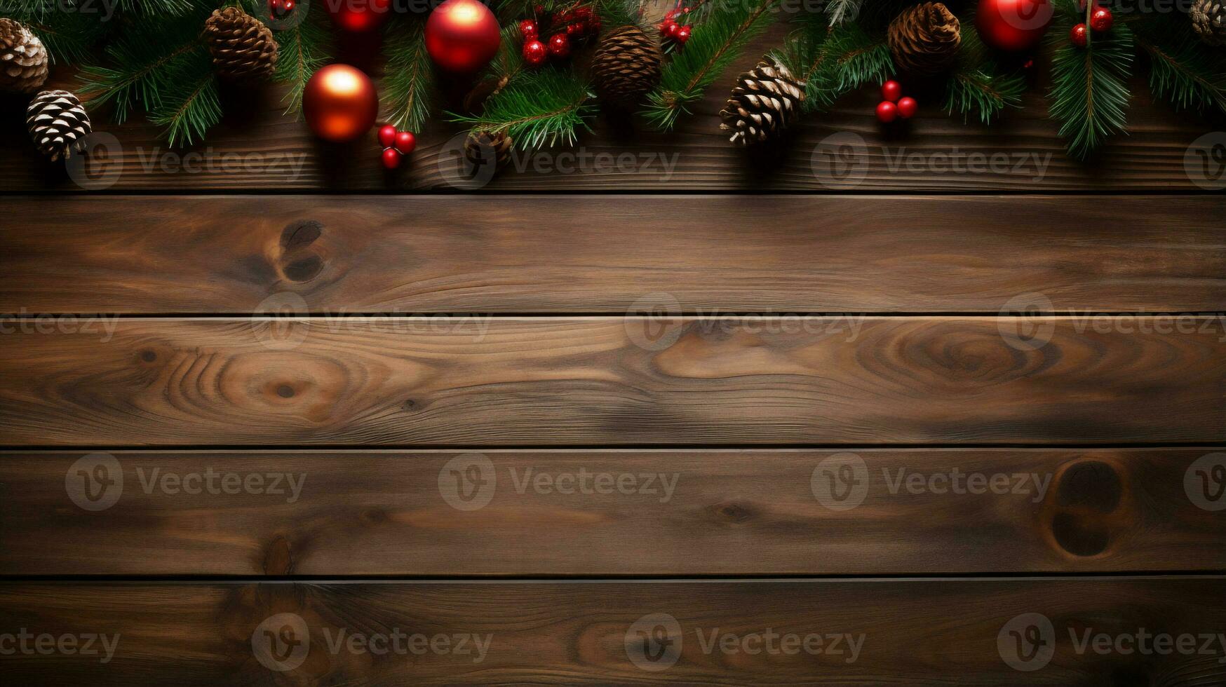 superiore Visualizza di vuoto di legno tavolo con Natale decorazione e copyspace per testo, natale sfondo foto