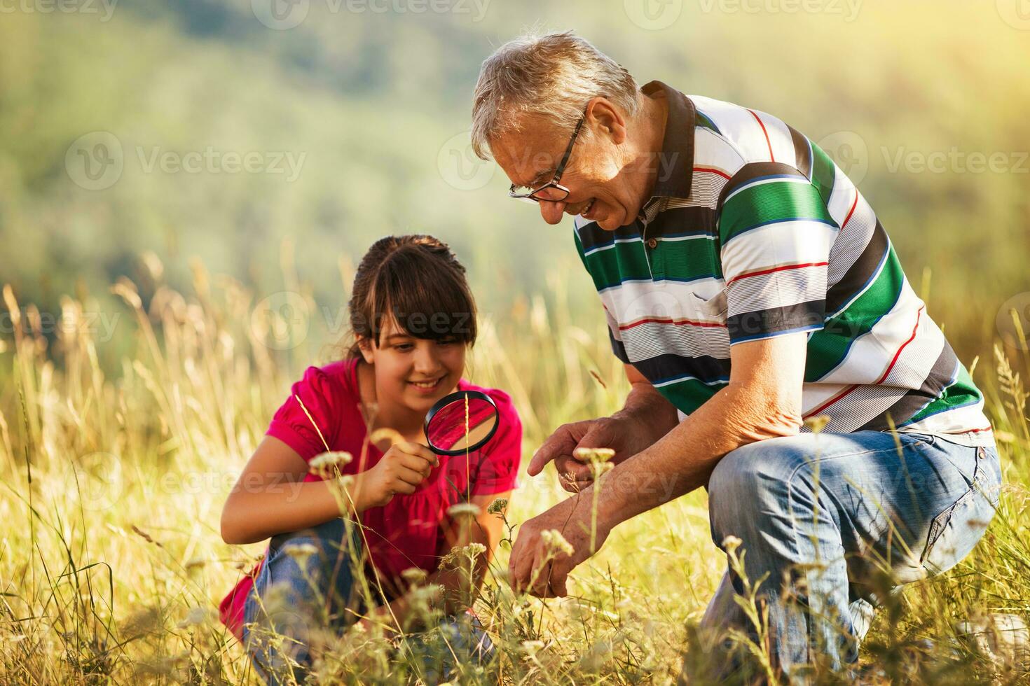 contento nonno e nipotina Esplorare insieme con ingrandimento bicchiere natura foto