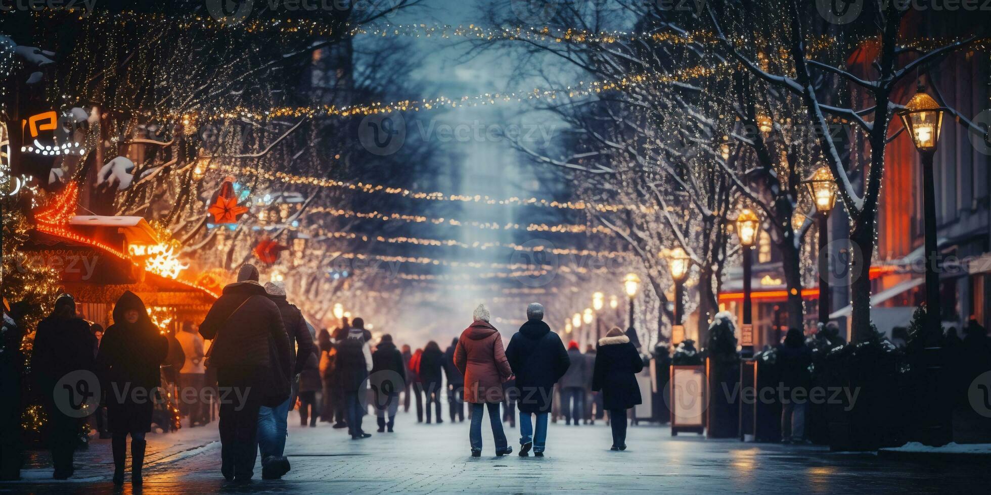 movimento sfocato strada Visualizza e movimento sfocato prople a piedi lungo il strada nel inverno stagione, inverno Natale mercato foto
