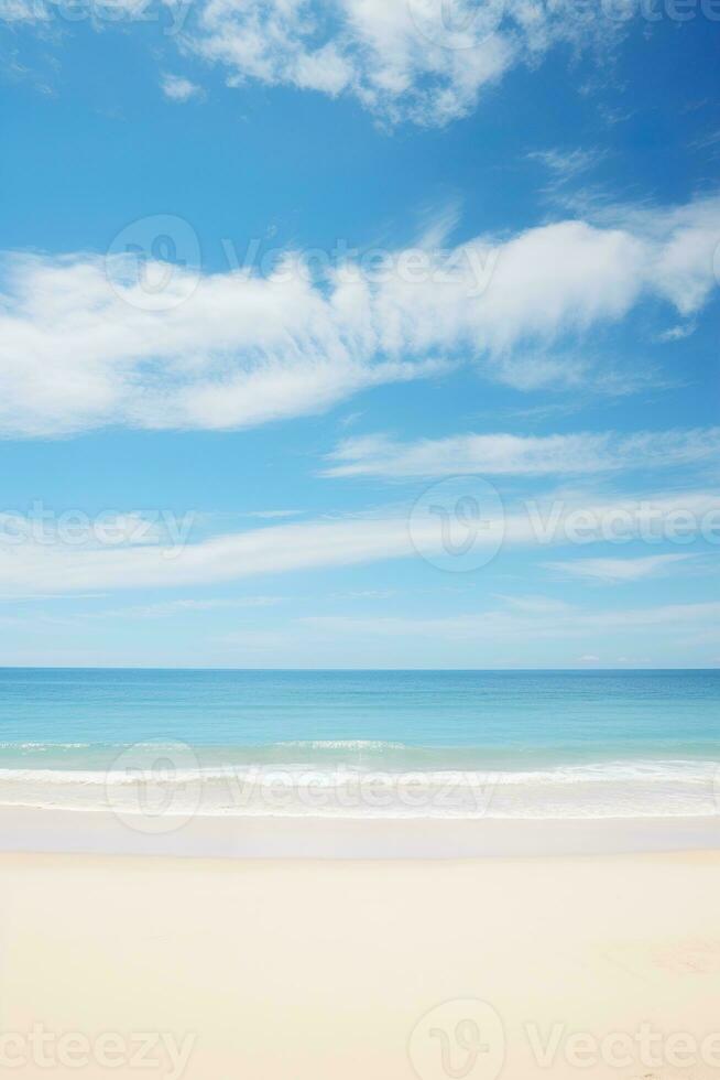 sereno spiaggia scena con morbido sabbioso costa, oceano onde, e un' blu cielo con soffice nuvole. vacanza umore quello parla di la tranquillità e rilassamento. tranquillo, calmo vacanza. rilassare nel il natura. generativo ai. foto