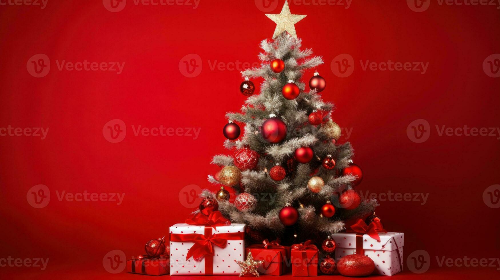 ai generato allegro Natale, Natale giorno, un' Natale albero decorato con lussuoso e bellissimo i regali. di Santa Claus per bambini per rendere loro sentire contento per un' lungo tempo durante il vacanze. foto