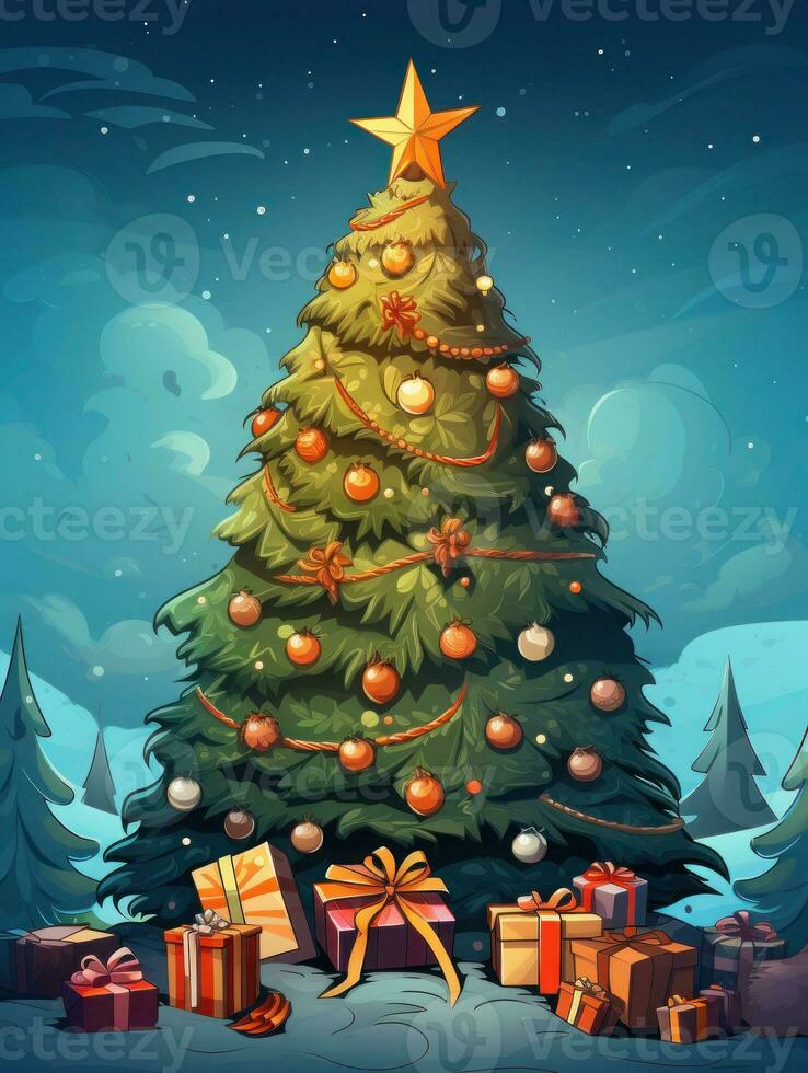 ai generato allegro Natale, Natale giorno, un' Natale albero decorato con lussuoso e bellissimo i regali. di Santa Claus per bambini per rendere loro sentire contento per un' lungo tempo durante il vacanze. foto