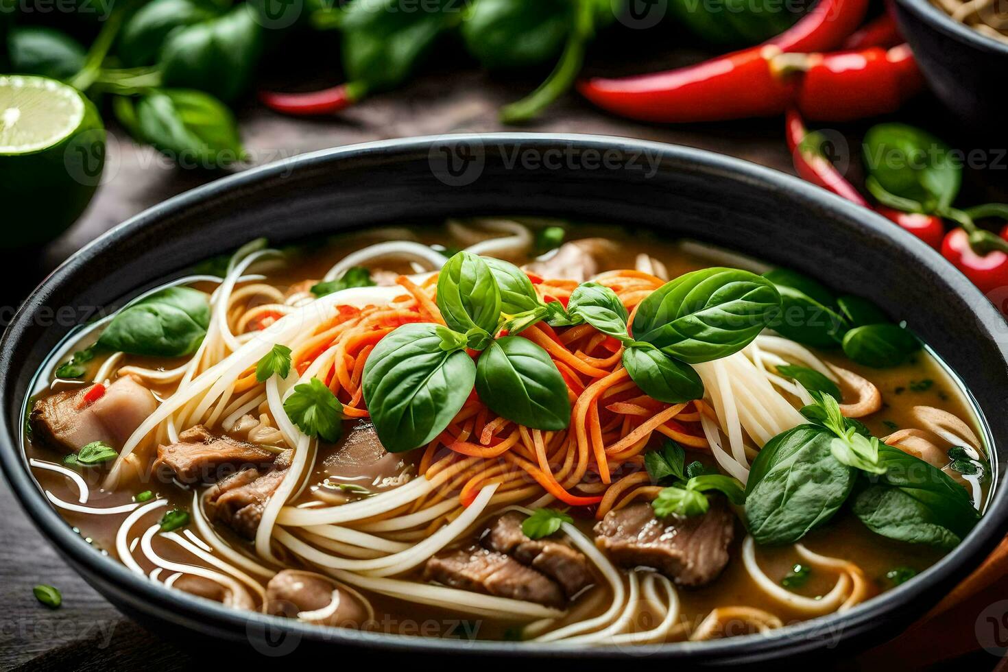 un' ciotola di Manzo spaghetto la minestra con verdure e erbe aromatiche. ai-generato foto