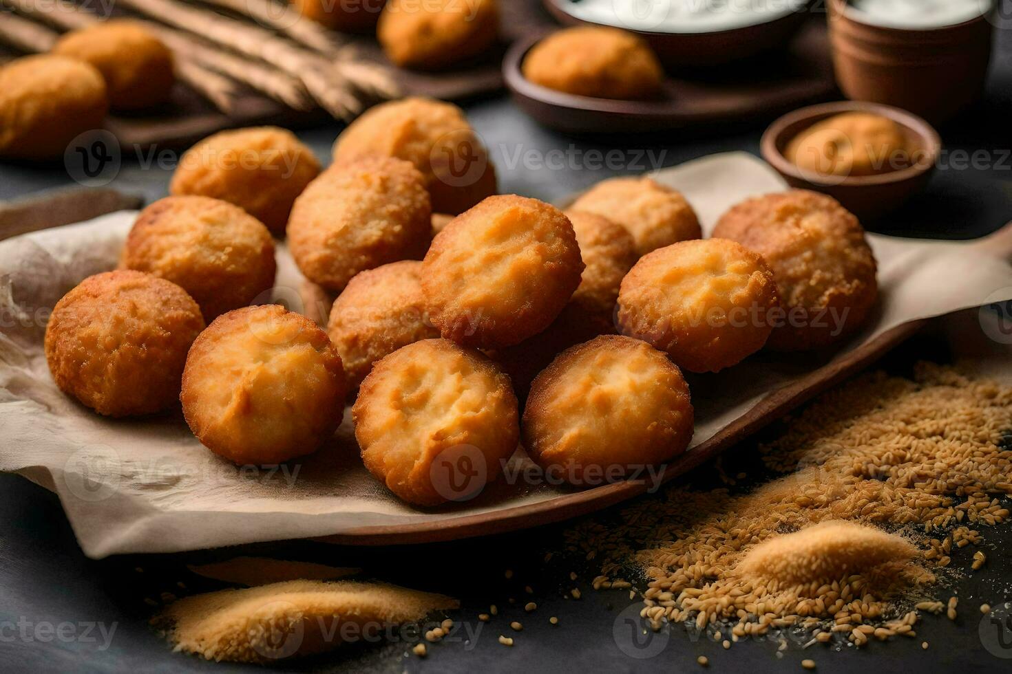 un' piatto di fritte formaggio palle con un' ciotola di immersione. ai-generato foto