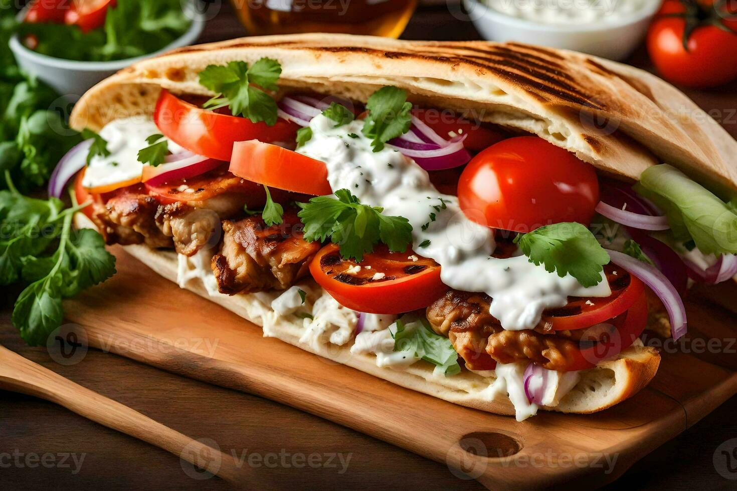 un' giroscopio Sandwich con pomodori, cipolle e formaggio. ai-generato foto