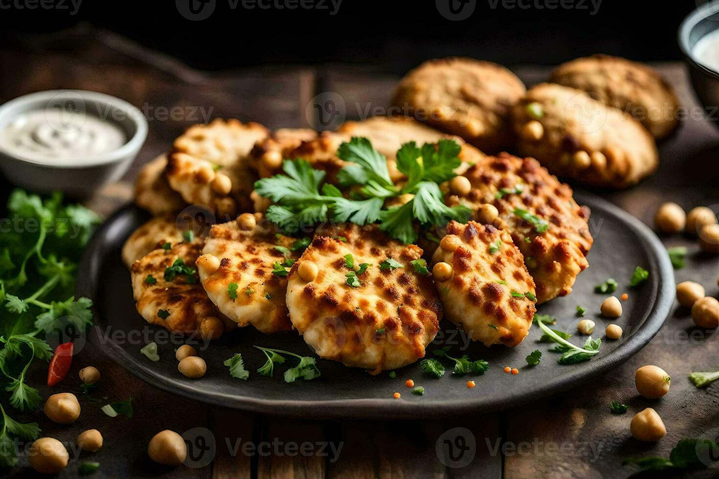 pollo tortini con prezzemolo e salsa su un' piatto. ai-generato foto