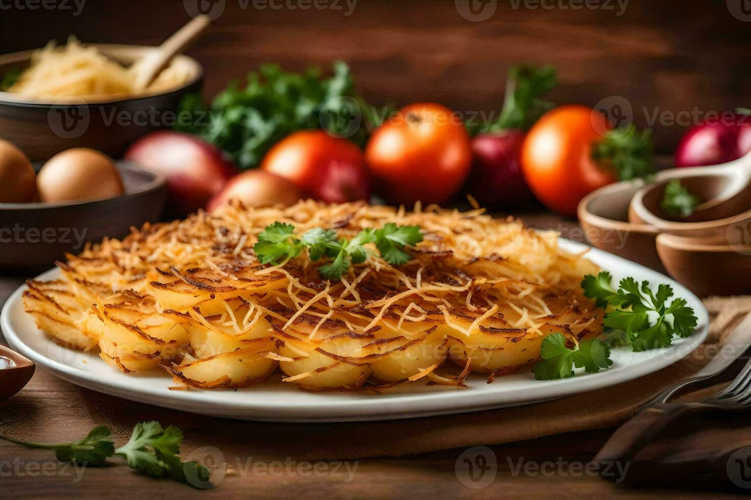 un' piatto di patate con prezzemolo e uova su un' di legno tavolo. ai-generato foto