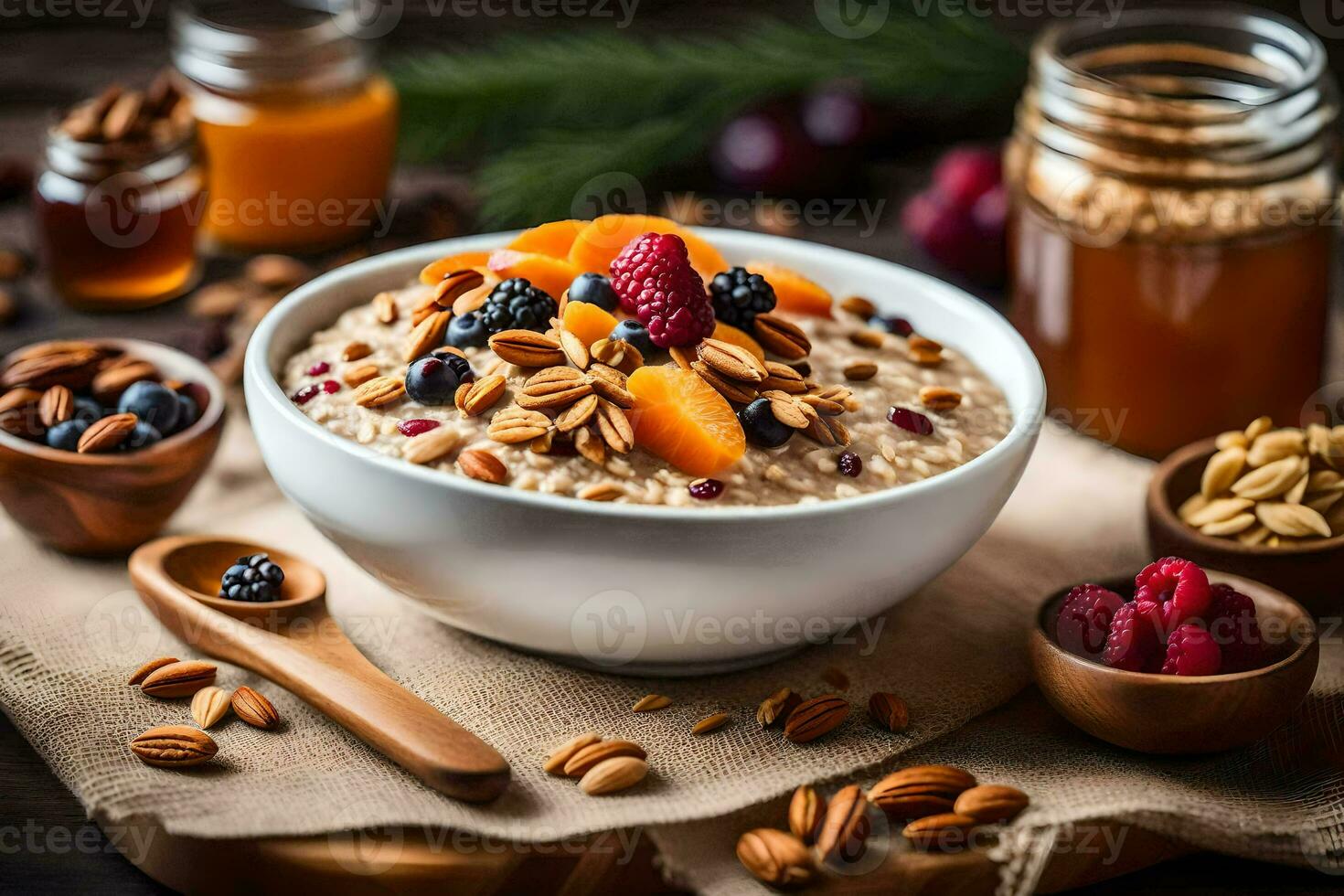 un' ciotola di fiocchi d'avena con noccioline e frutti di bosco. ai-generato foto