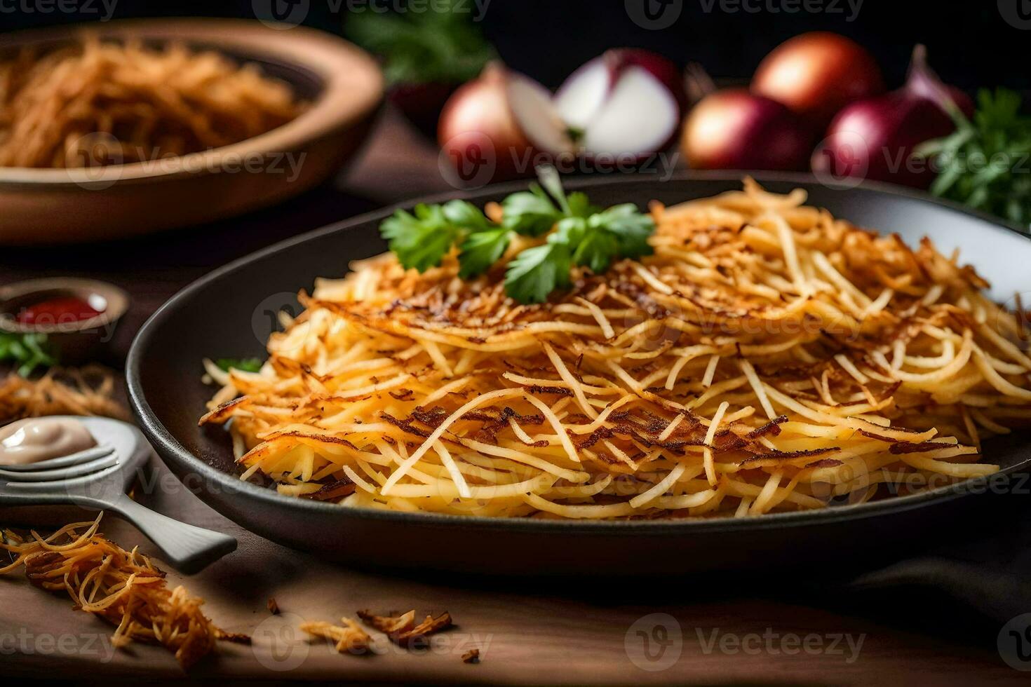 un' piatto di fritte patate con cipolle e prezzemolo. ai-generato foto