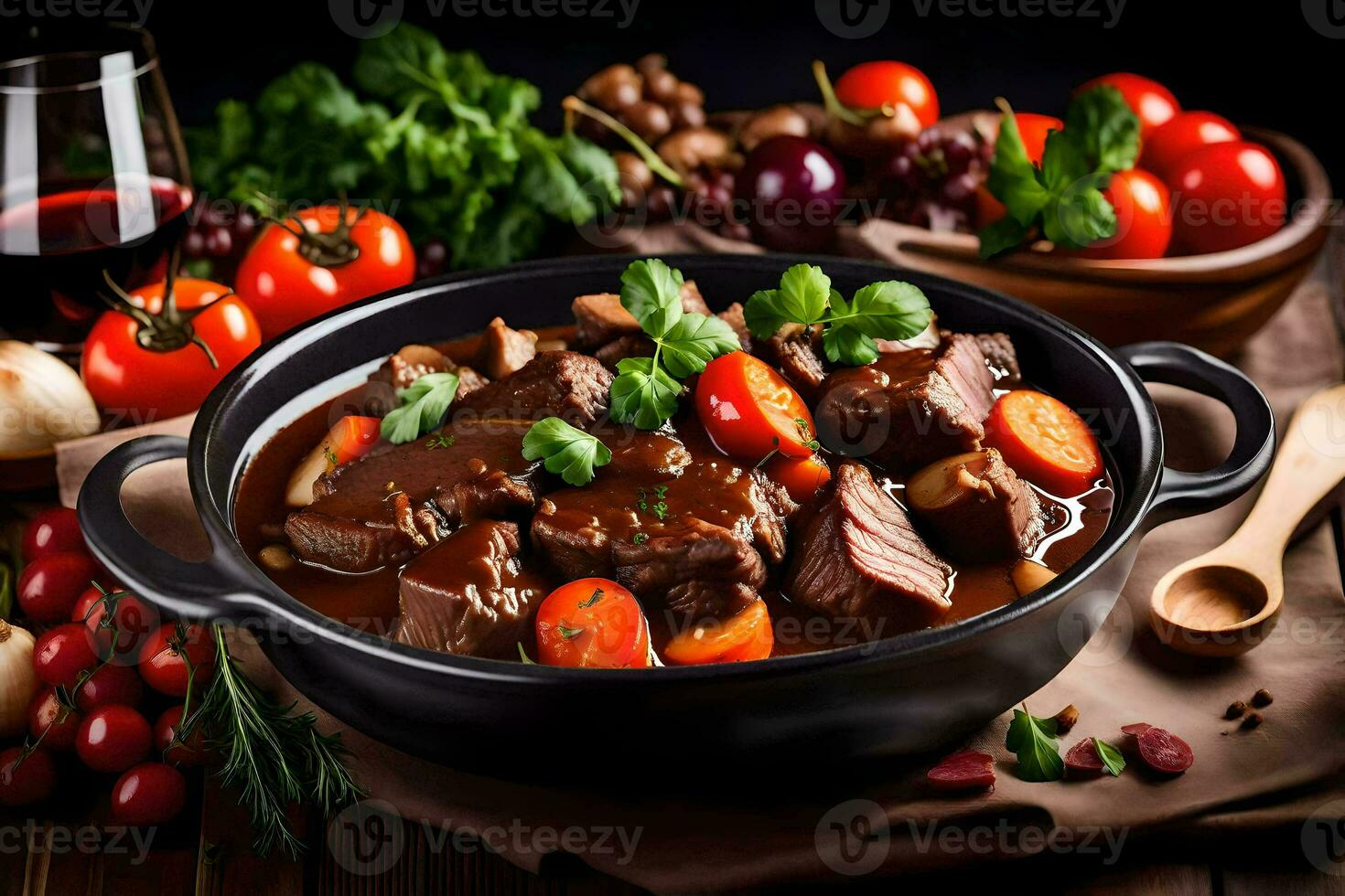 Manzo stufato con verdure e vino su un' di legno tavolo. ai-generato foto