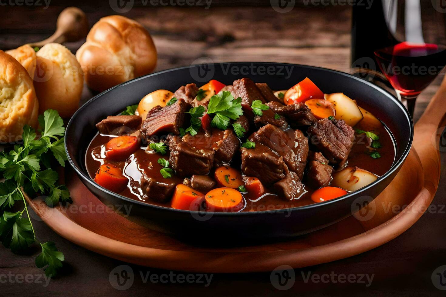 Manzo stufato con carote e patate nel un' nero ciotola. ai-generato foto