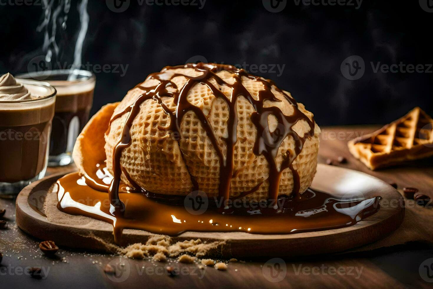 il cialda è sormontato con caramello e piovigginato con cioccolato. ai-generato foto