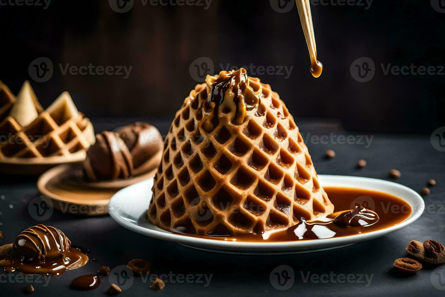 il cialda è essere piovigginato con caramello salsa. ai-generato foto