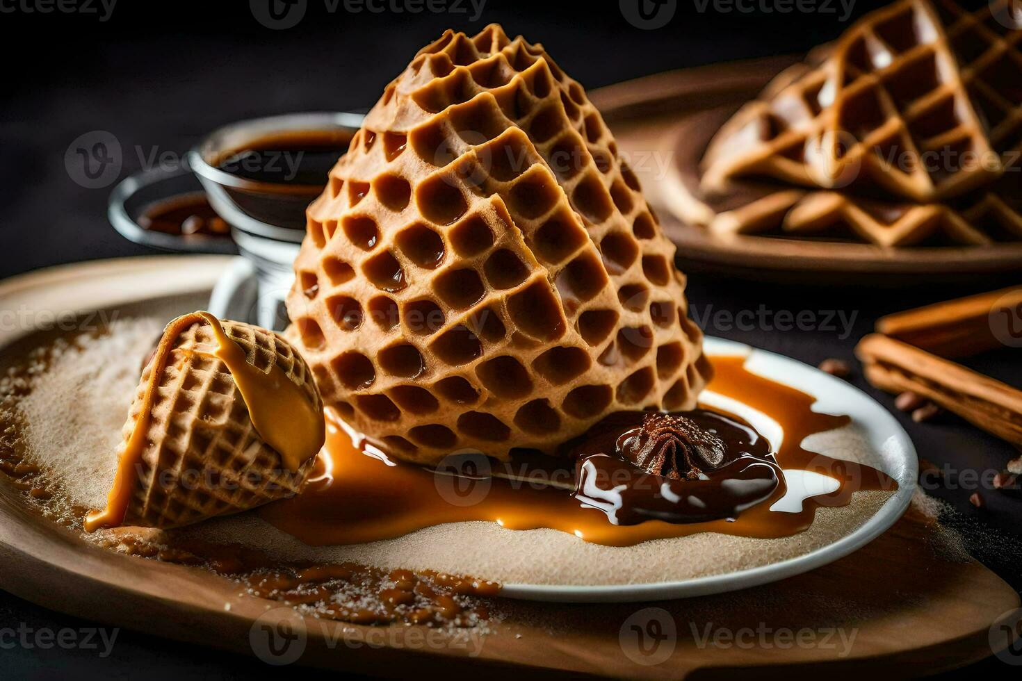 un' cialda cono con caramello e sciroppo su un' piatto. ai-generato foto