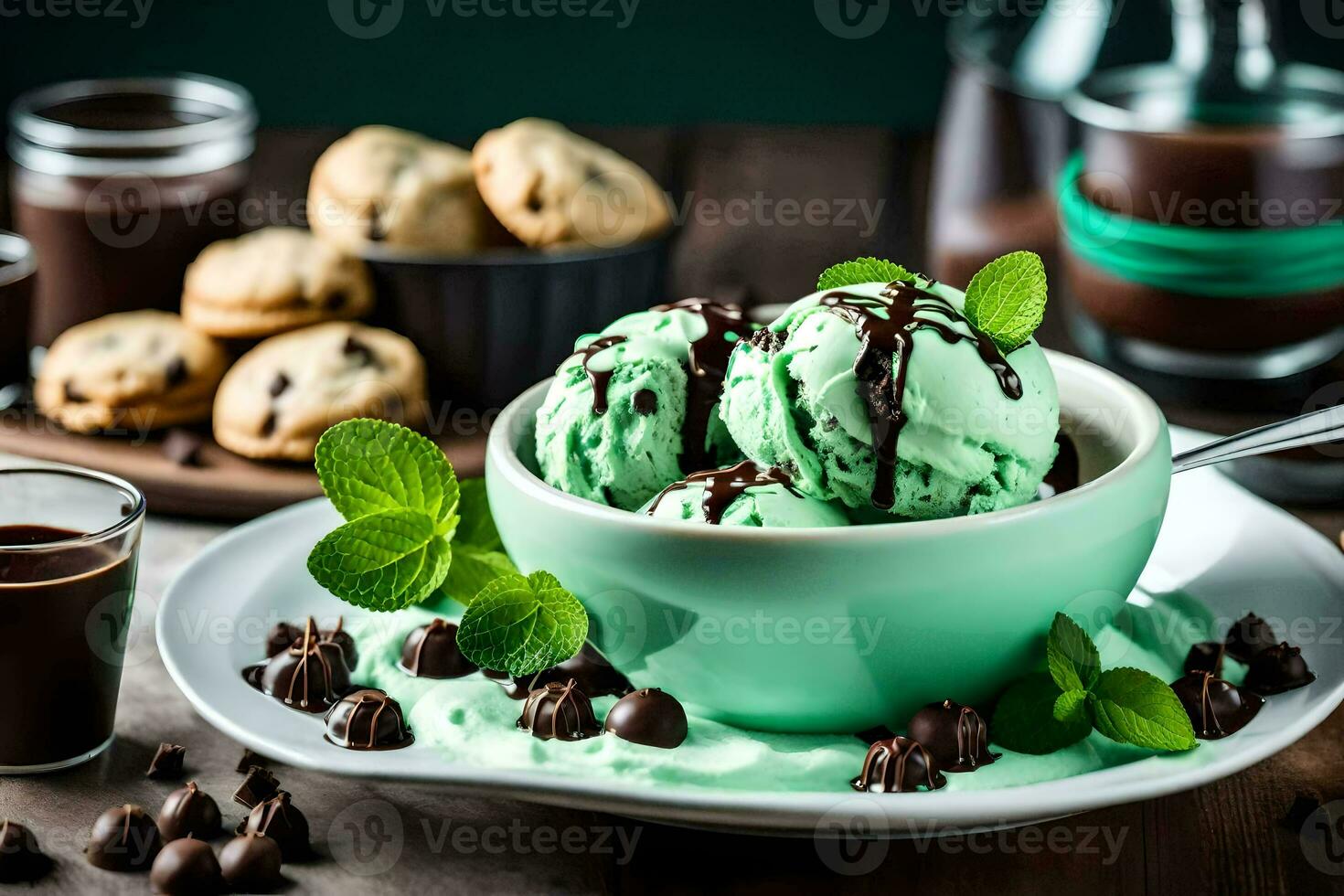 menta cioccolato patata fritta ghiaccio crema nel un' ciotola con menta le foglie e cioccolato biscotti su un' di legno tavolo. ai-generato foto