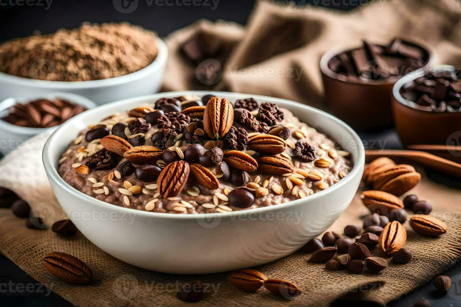 cioccolato pecan fiocchi d'avena nel un' ciotola con noccioline e cioccolato patatine fritte. ai-generato foto