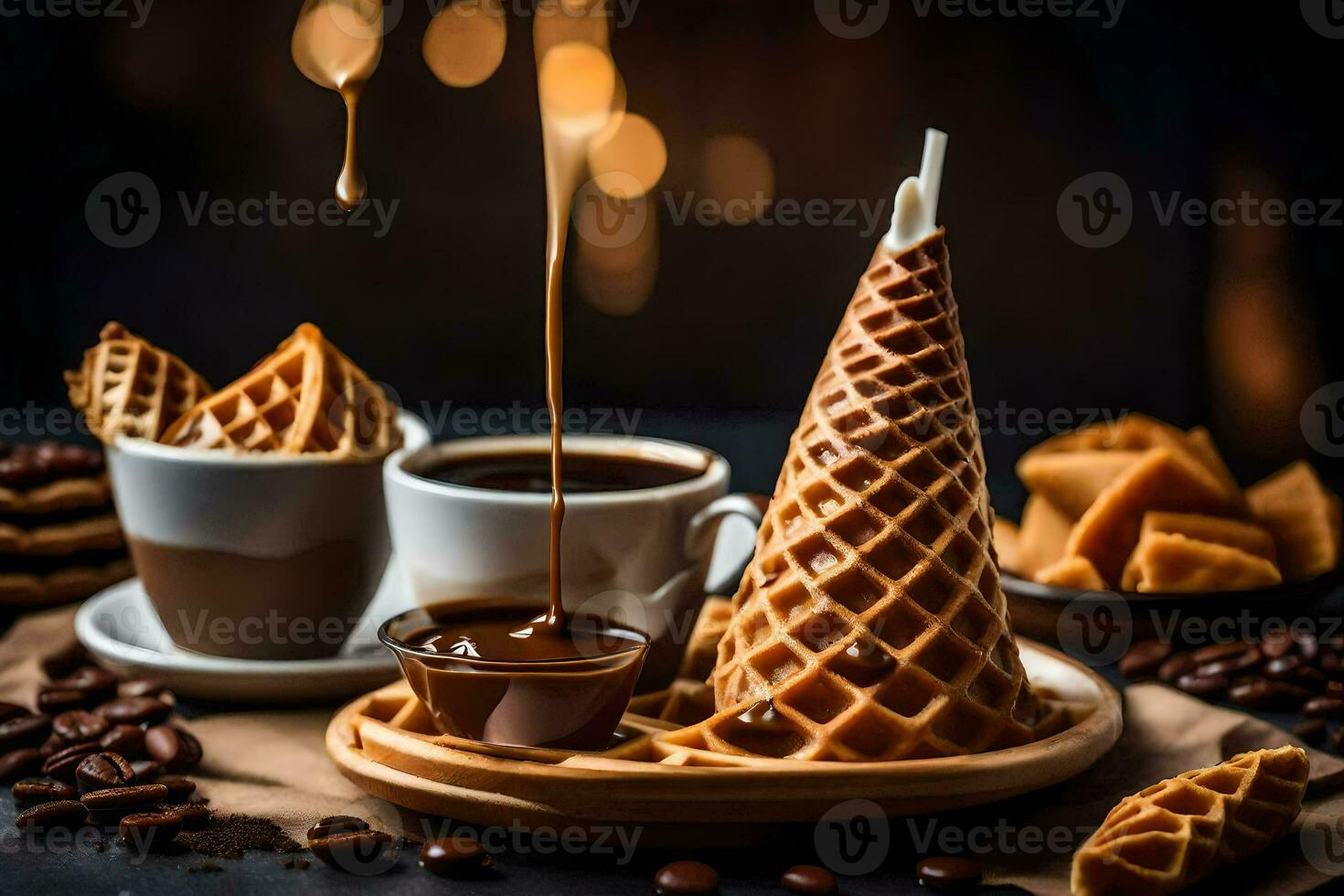 caffè e cialde su un' buio sfondo. ai-generato foto