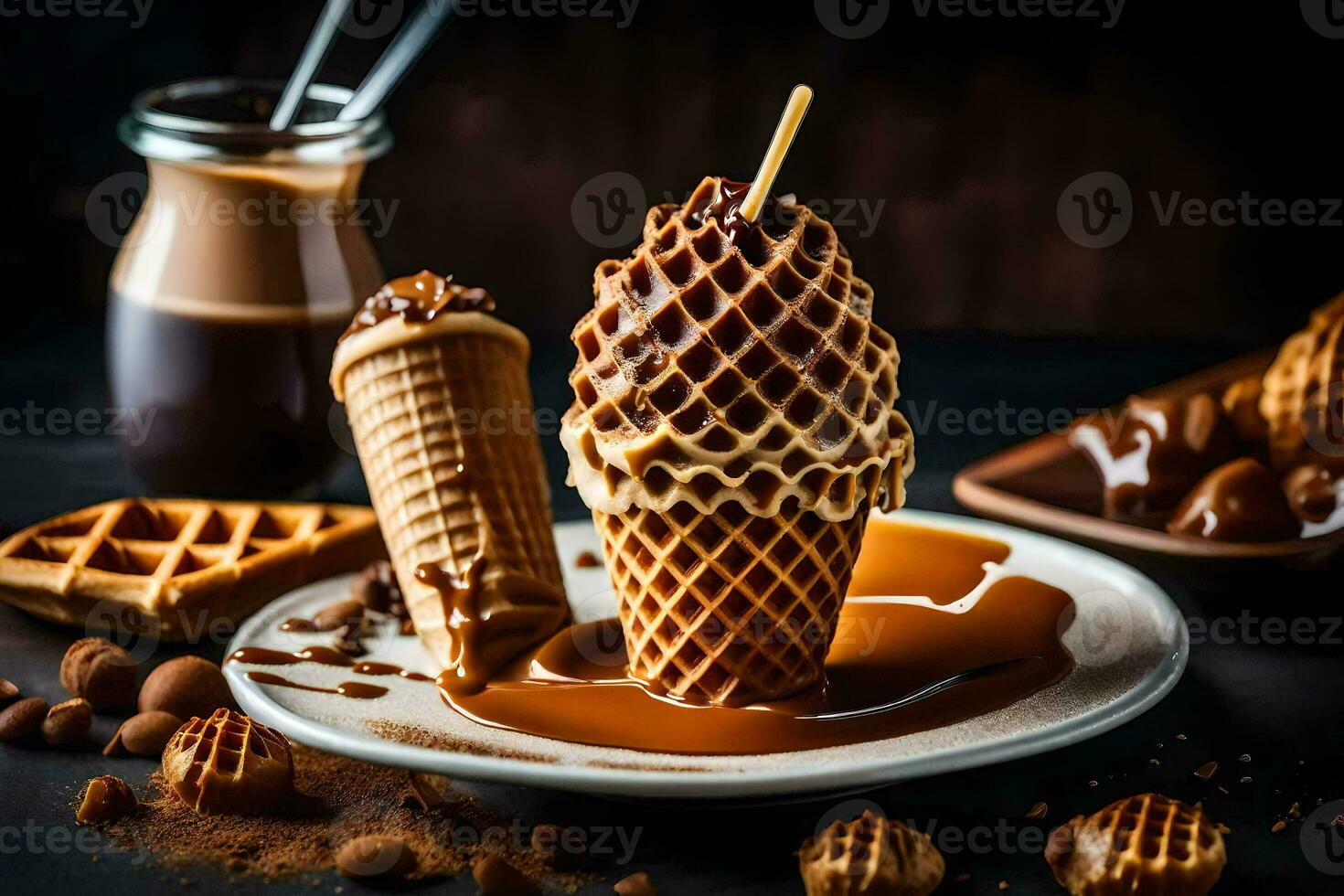 cioccolato ghiaccio crema nel un' cialda cono su un' piatto con cioccolato sciroppo e noccioline. ai-generato foto