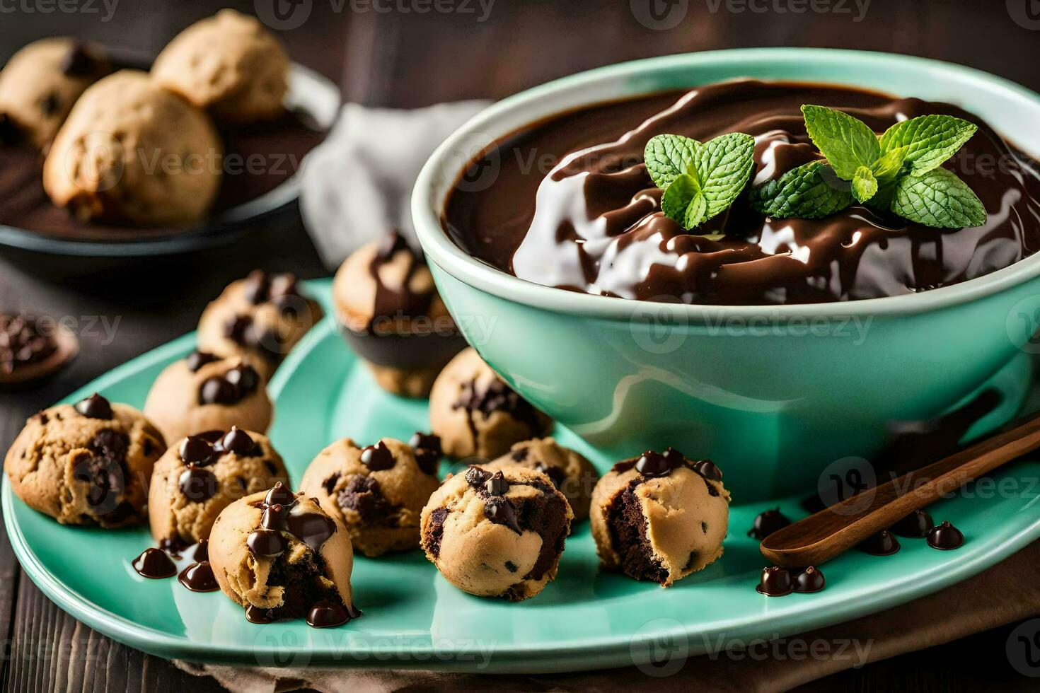 cioccolato patata fritta biscotto Impasto tuffo nel un' ciotola. ai-generato foto