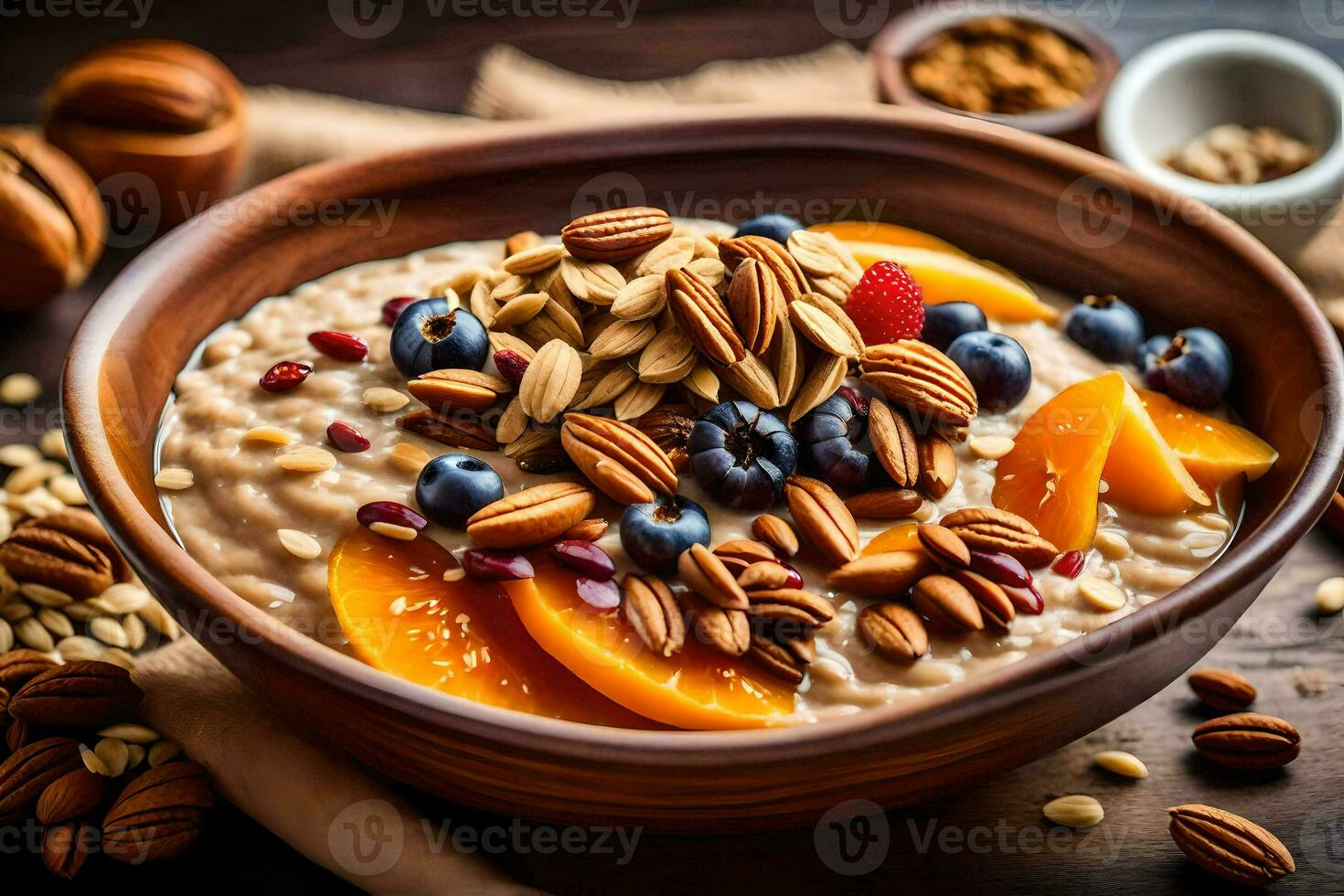 un' ciotola di fiocchi d'avena con noccioline e frutta. ai-generato foto