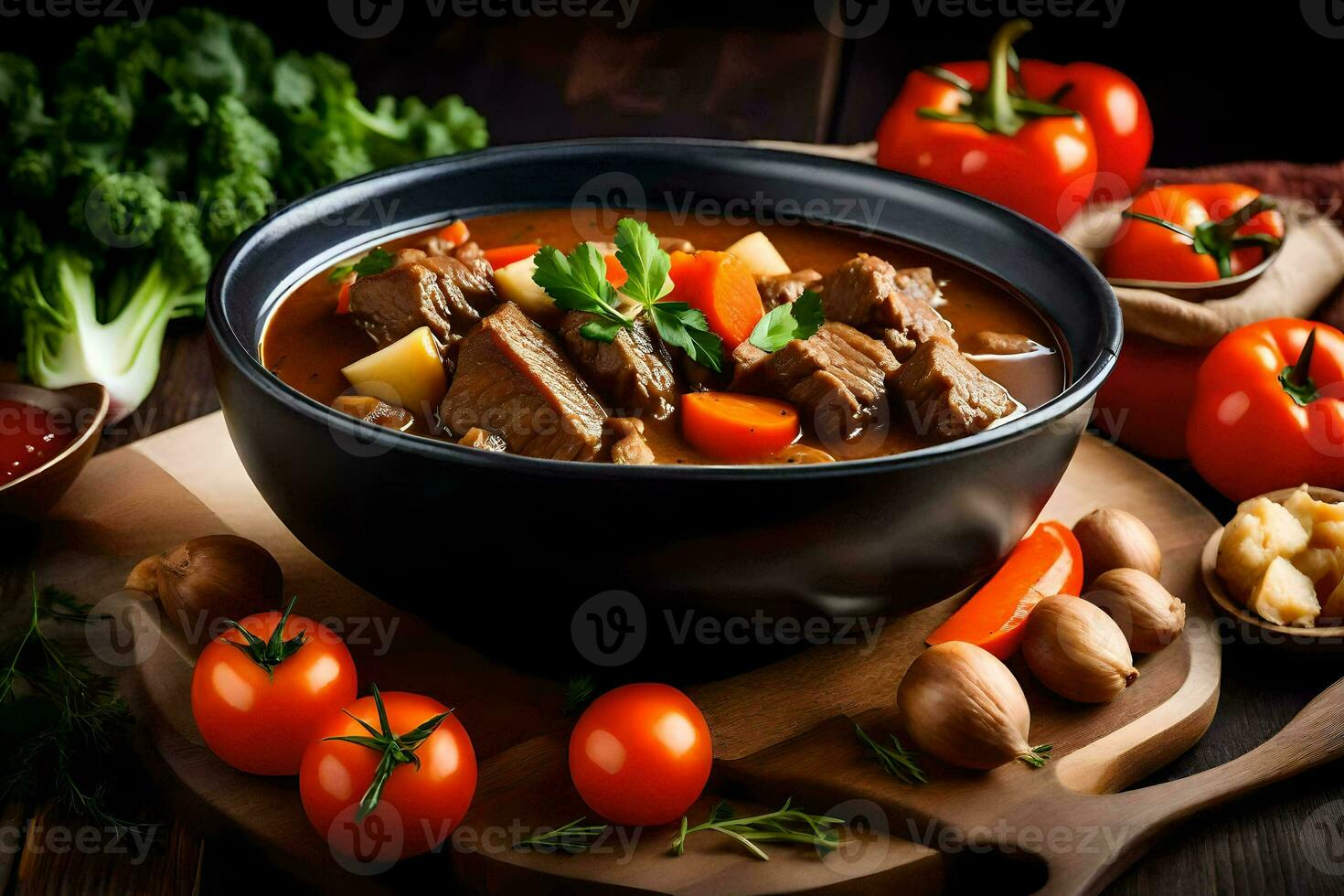 Manzo stufato nel un' ciotola con verdure e erbe aromatiche. ai-generato foto