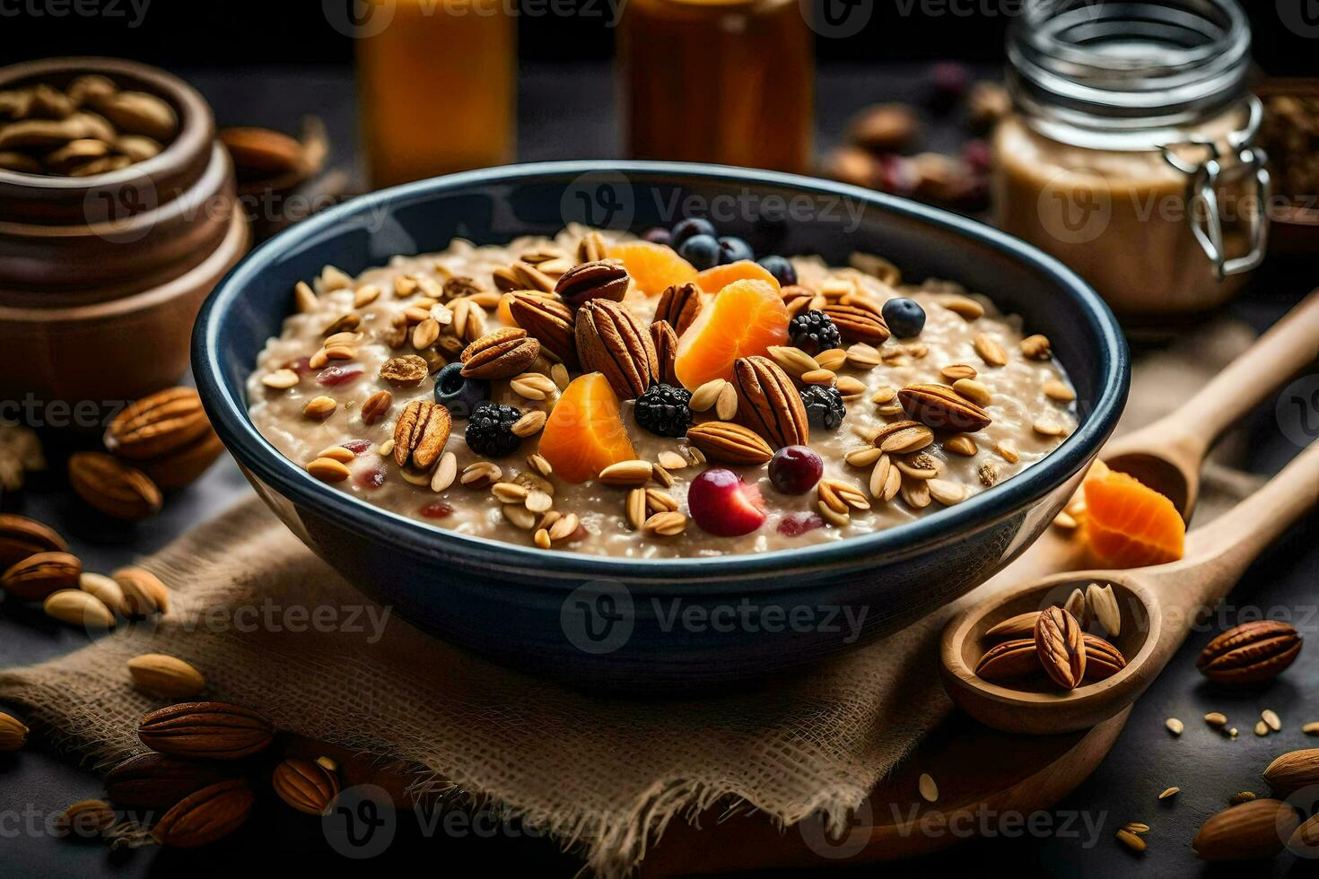 un' ciotola di fiocchi d'avena con noccioline e frutta. ai-generato foto