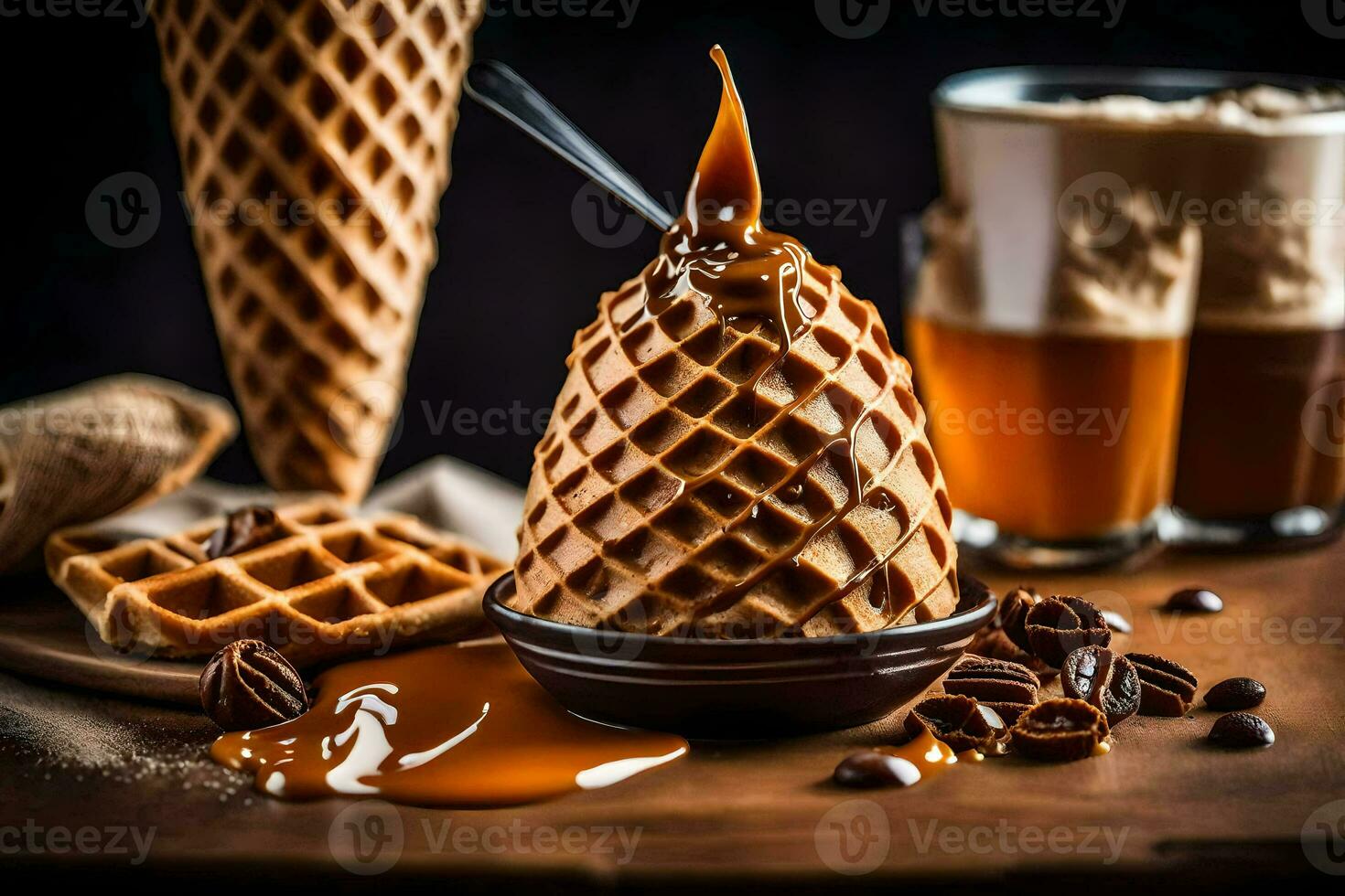 un' cialda cono con caramello salsa e cioccolato patatine fritte. ai-generato foto