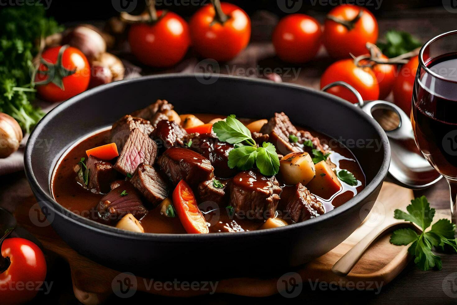 un' ciotola di Manzo stufato con verdure e vino. ai-generato foto