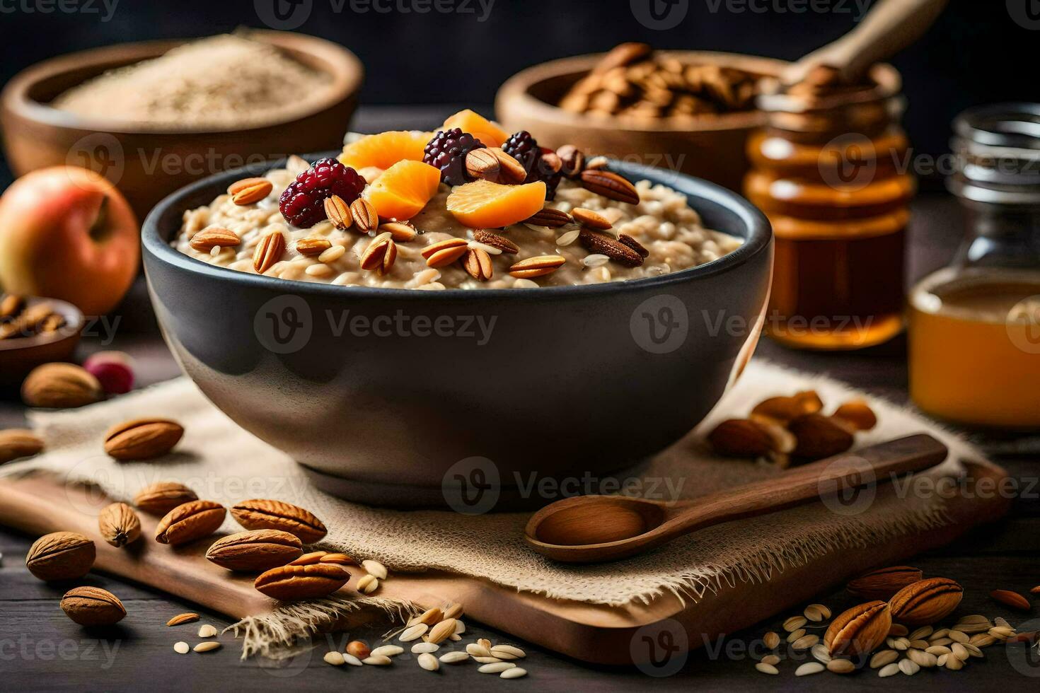 un' ciotola di fiocchi d'avena con noccioline e secco frutta. ai-generato foto