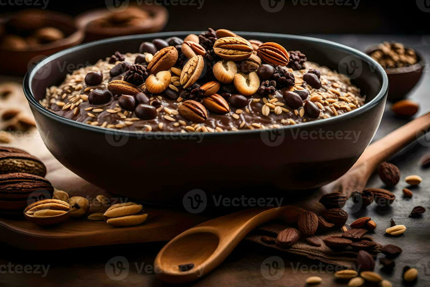 cioccolato fiocchi d'avena nel un' ciotola con noccioline e noccioline. ai-generato foto