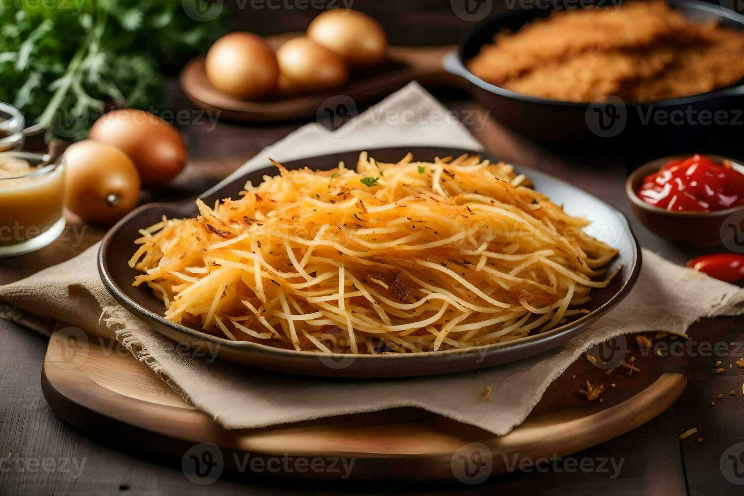 Cinese tagliatelle con uovo e salsa su un' piatto. ai-generato foto