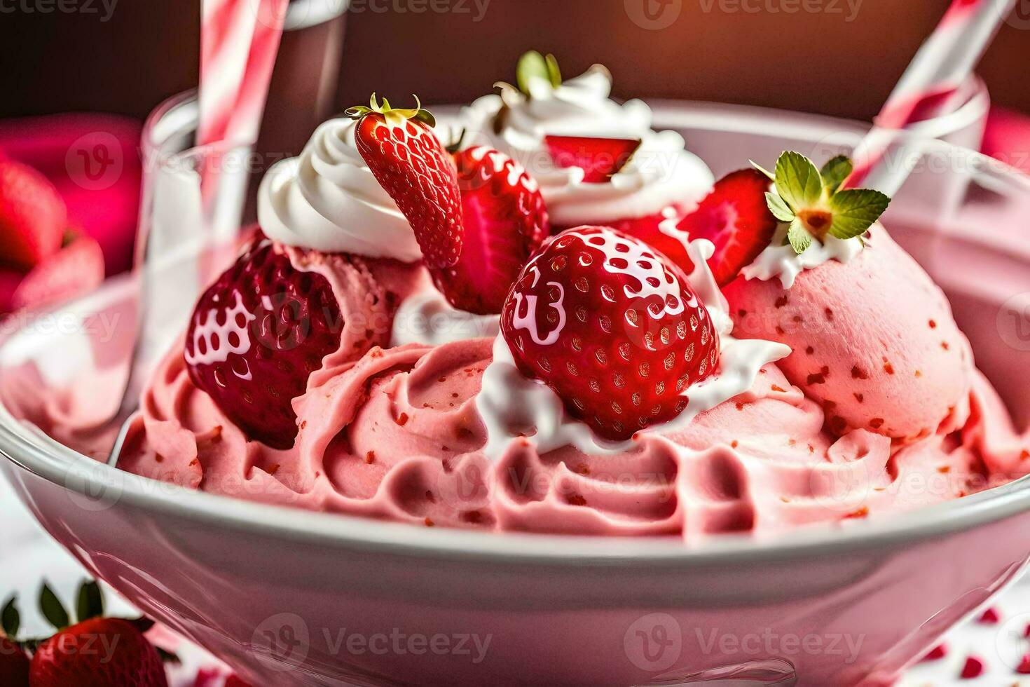 un' ciotola di fragola ghiaccio crema con fragole e frustato crema. ai-generato foto