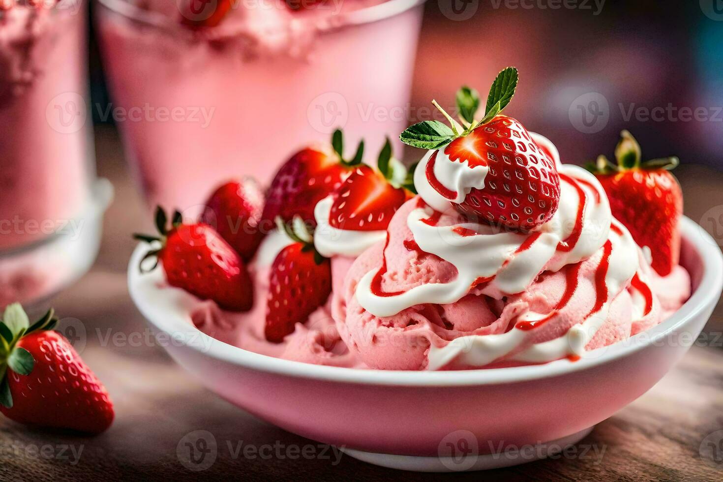 un' ciotola di fragola ghiaccio crema con frustato crema. ai-generato foto