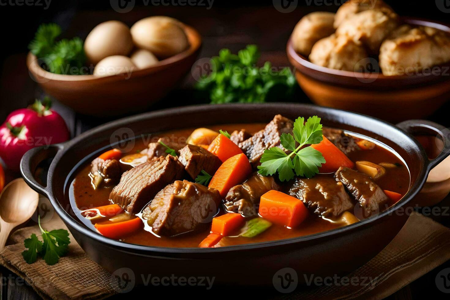 un' ciotola di Manzo stufato con verdure e patate. ai-generato foto