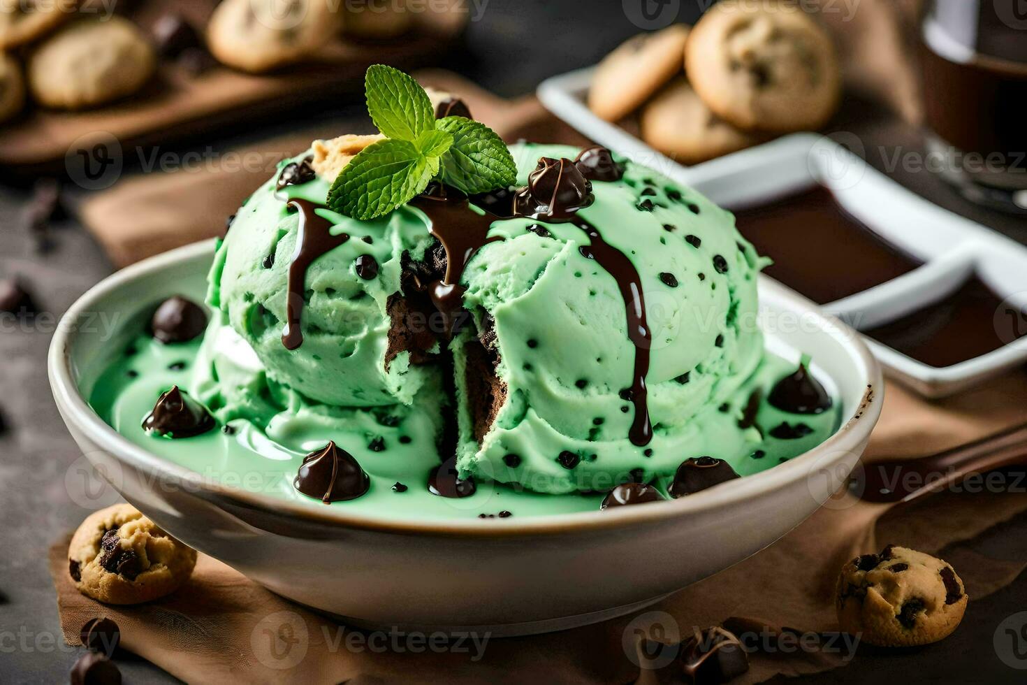 ghiaccio crema con cioccolato patatine fritte e menta le foglie nel un' ciotola. ai-generato foto