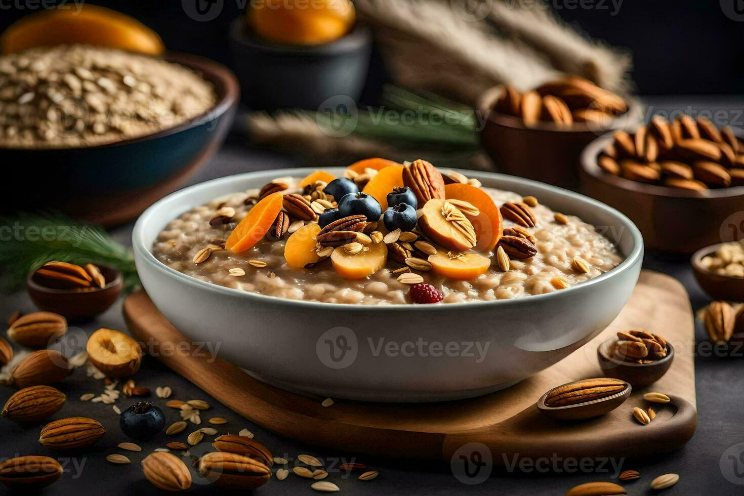 un' ciotola di fiocchi d'avena con noccioline e secco frutta. ai-generato foto