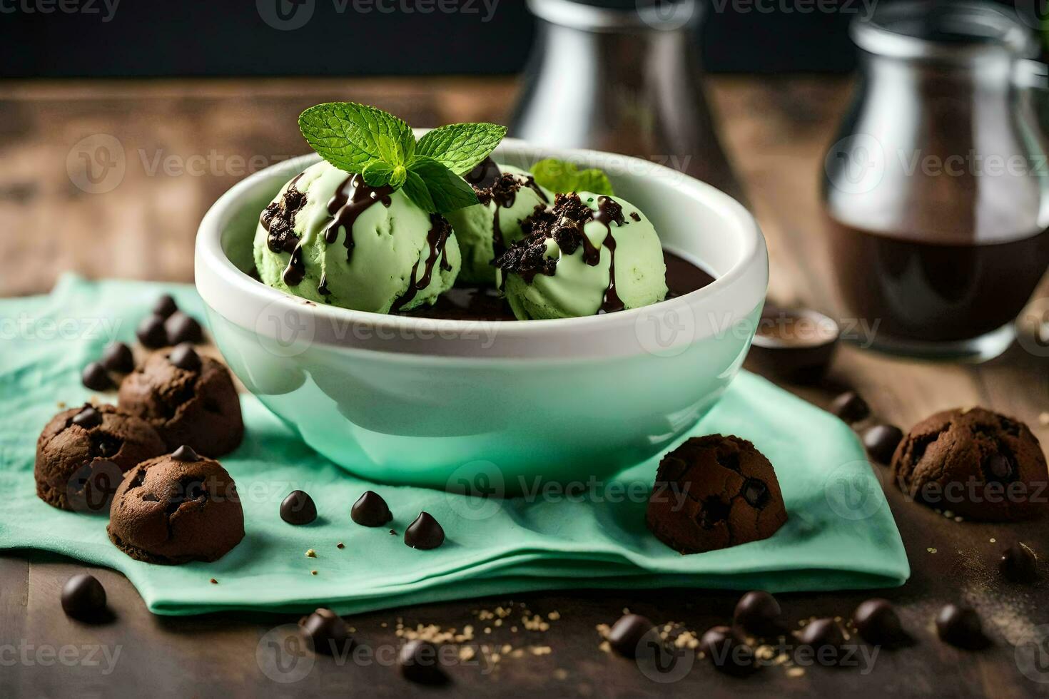 cioccolato ghiaccio crema con menta e cioccolato patatine fritte. ai-generato foto