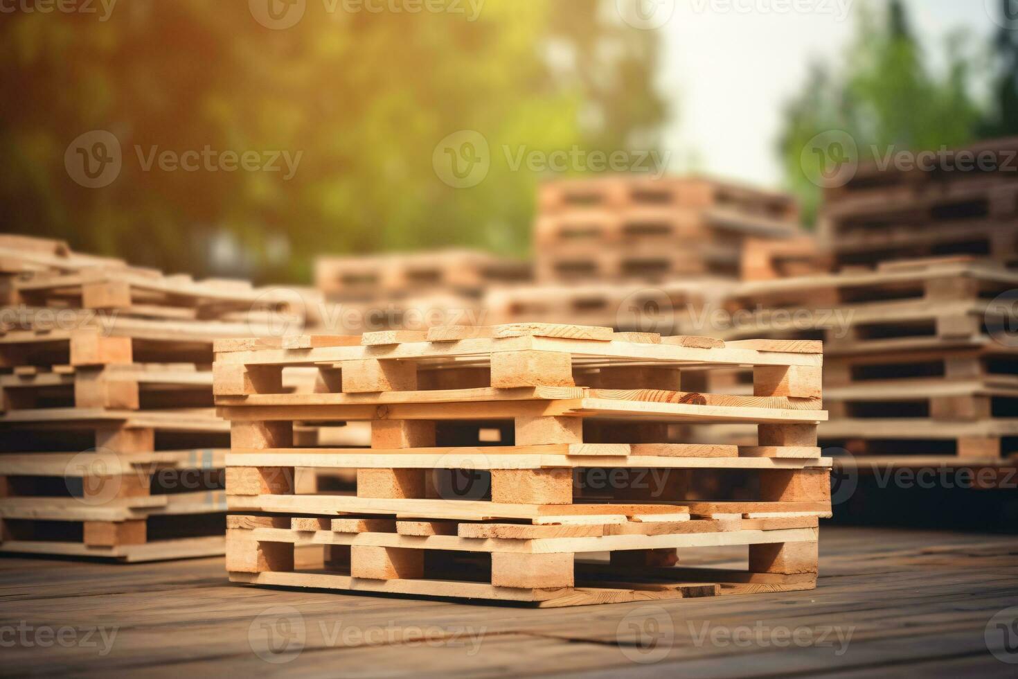 pila di di legno pallet. industriale legna pallet a fabbrica magazzino. carico e spedizione. sostenibilità di fornitura Catene. eco-friendly e sostenibile proprietà. rinnovabile legna pallet. generativo ai. foto