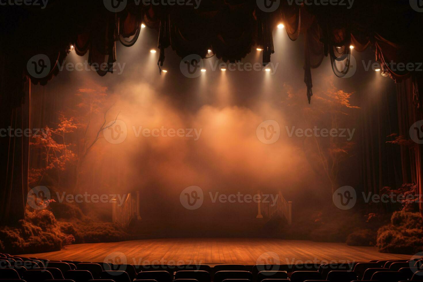 Teatro palcoscenico leggero sfondo con riflettore illuminato il palcoscenico per musica lirica prestazione. vuoto palcoscenico con caldo ambiance colori, nebbia, Fumo, fondale decorazione. divertimento mostrare. generativo ai. foto