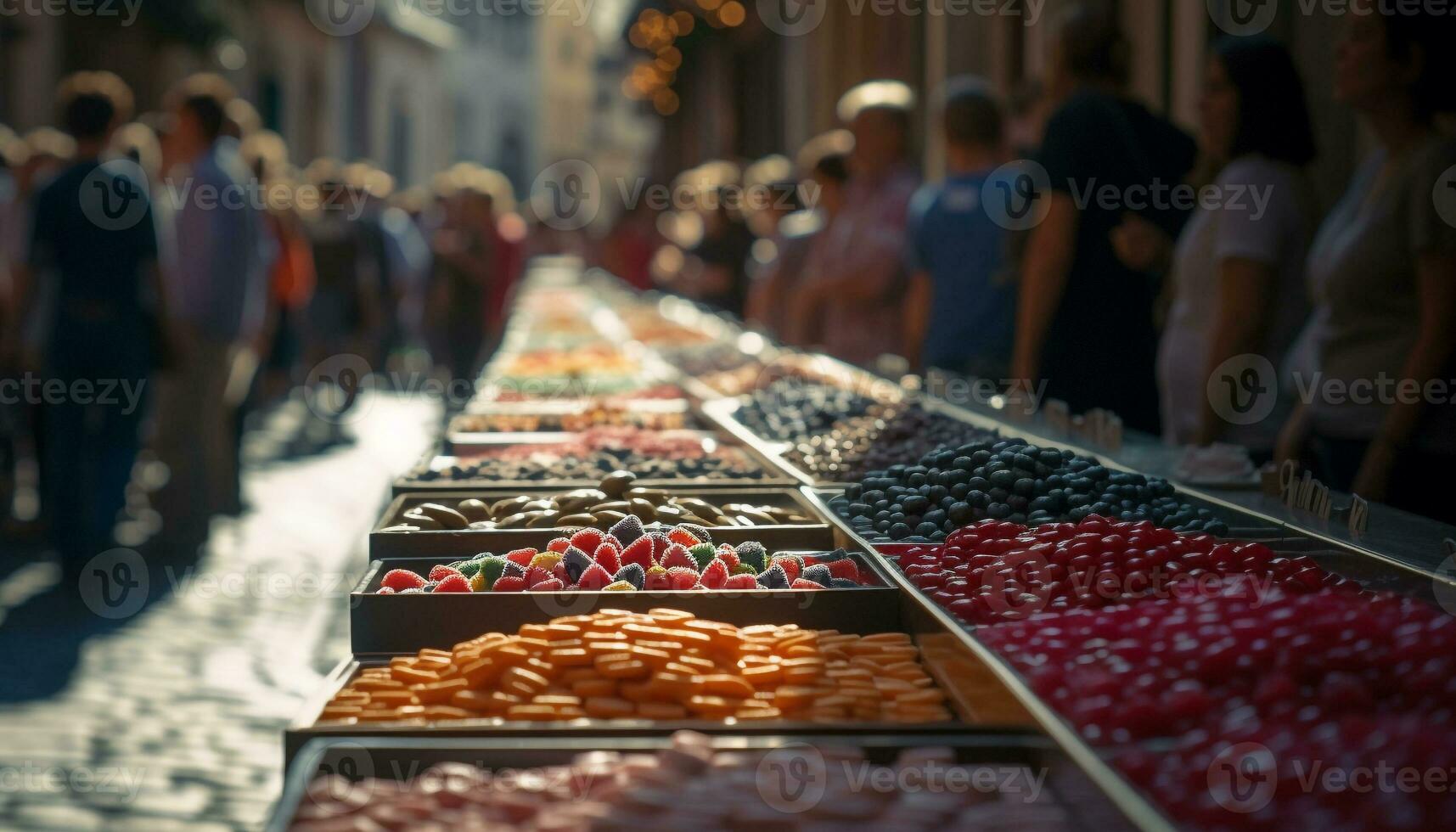 ai generato all'aperto mercato venditore vendita fresco Multi colorato frutta generato di ai foto