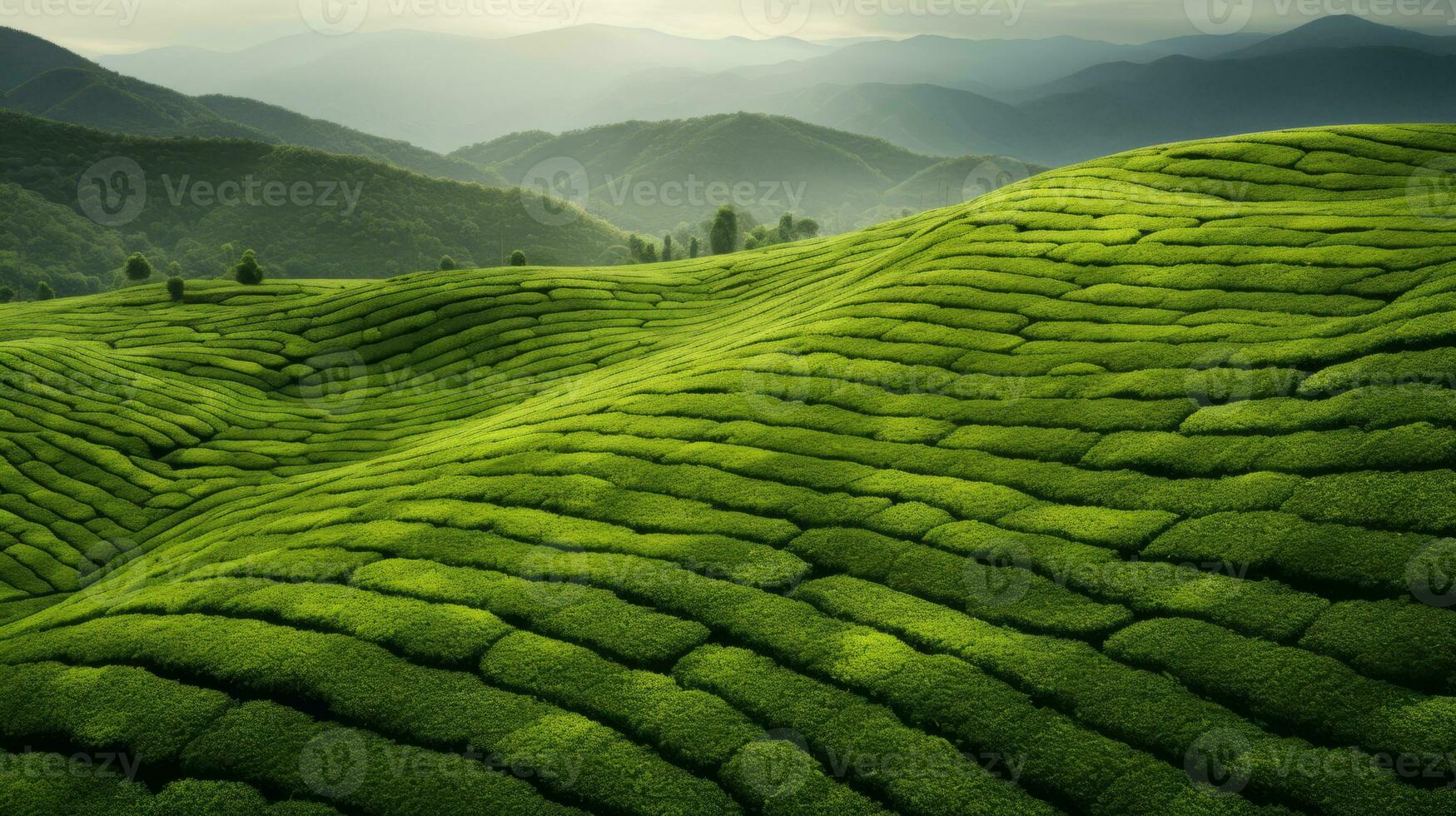 ai generato verde tè piantagione, superiore Visualizza struttura foto