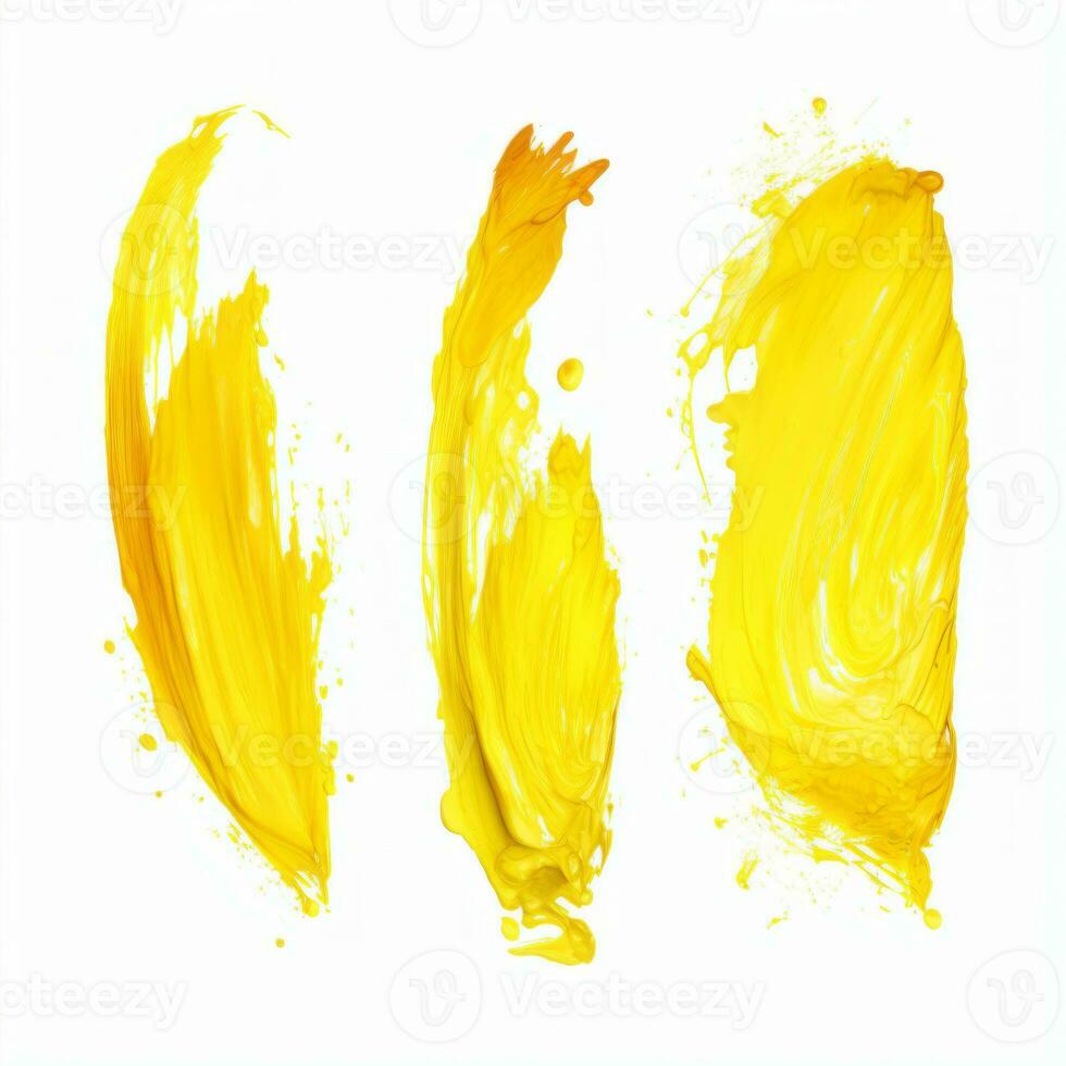 ai generato elegante giallo mascara spazzola impostato su bianca sfondo. collezione di grunge dipingere struttura foto