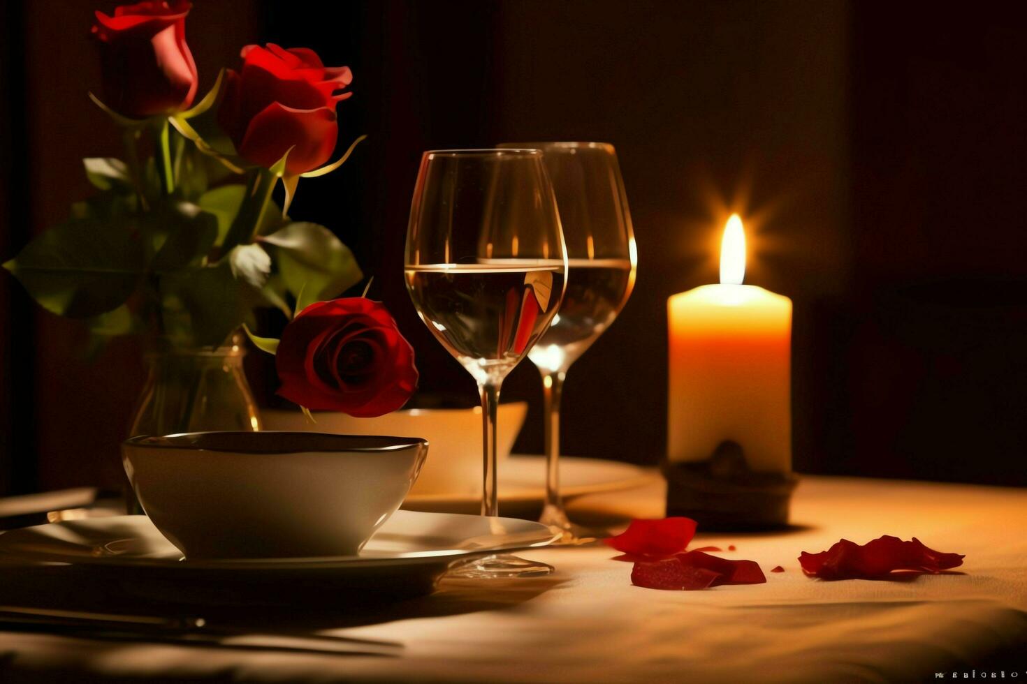 ai generato tavolo decorato per un' romantico cena con Due Champagne occhiali, mazzo di rosso Rose o candela concetto di ai generato foto