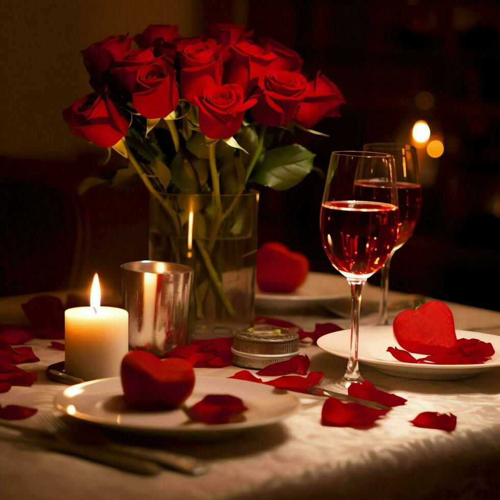 ai generato tavolo decorato per un' romantico cena con Due Champagne occhiali, mazzo di rosso Rose o candela concetto di ai generato foto