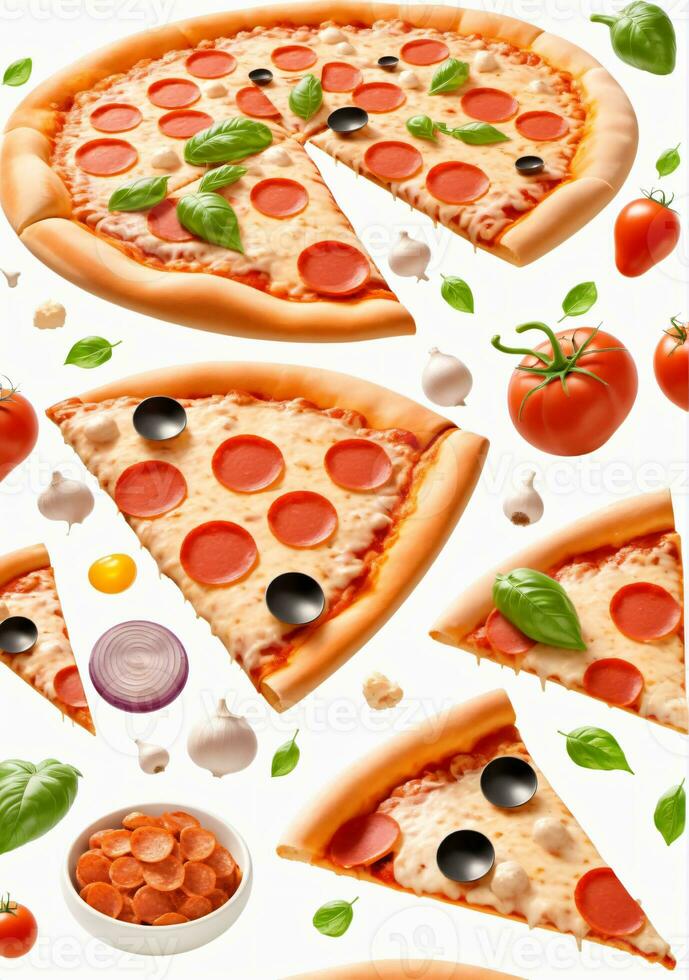 ai generato Pizza collage elemento isolato su un' bianca sfondo. ai generato foto